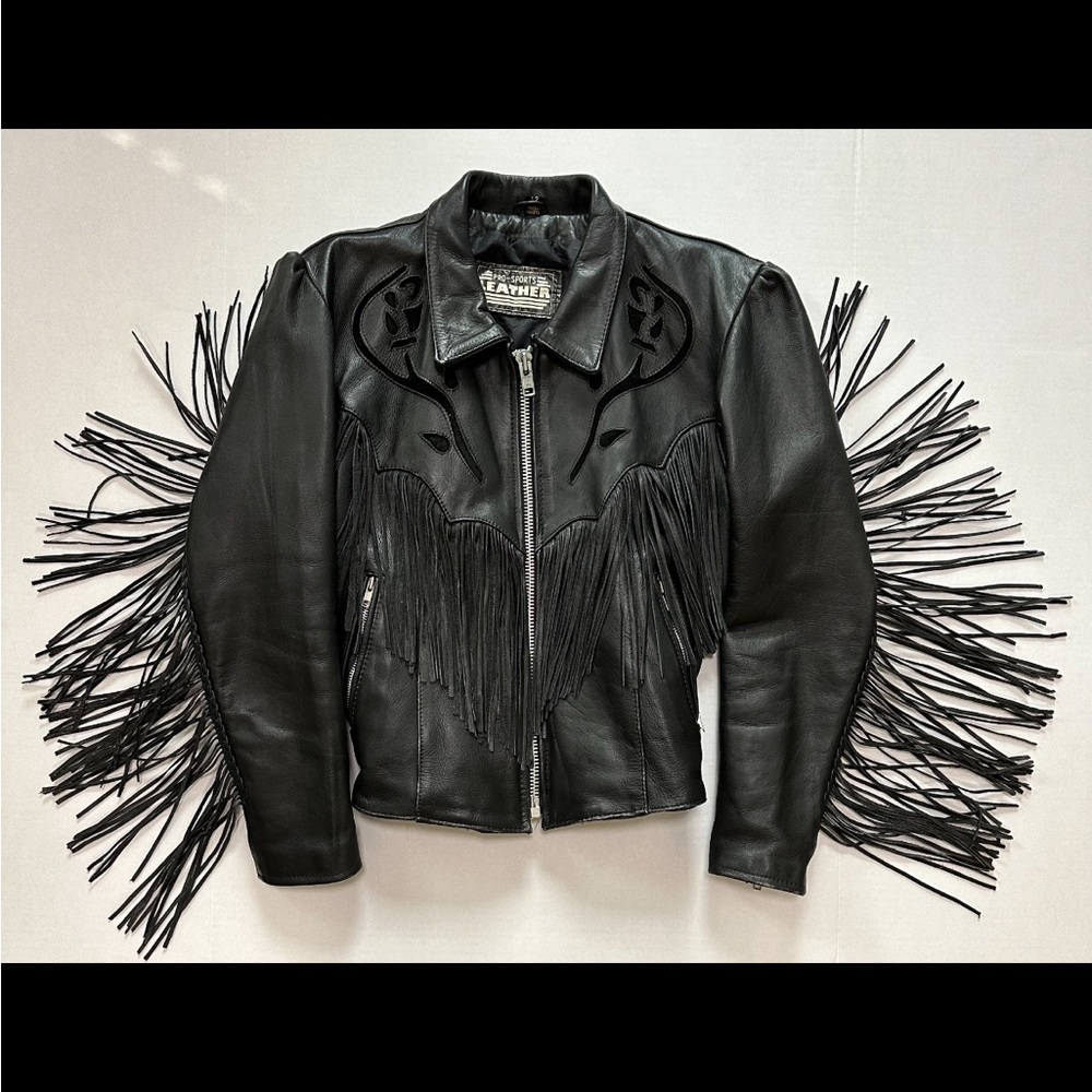 VTG Women’s Pro-Sports Leather Moto Jacket Fringe Conchos Roses Cinched Waist